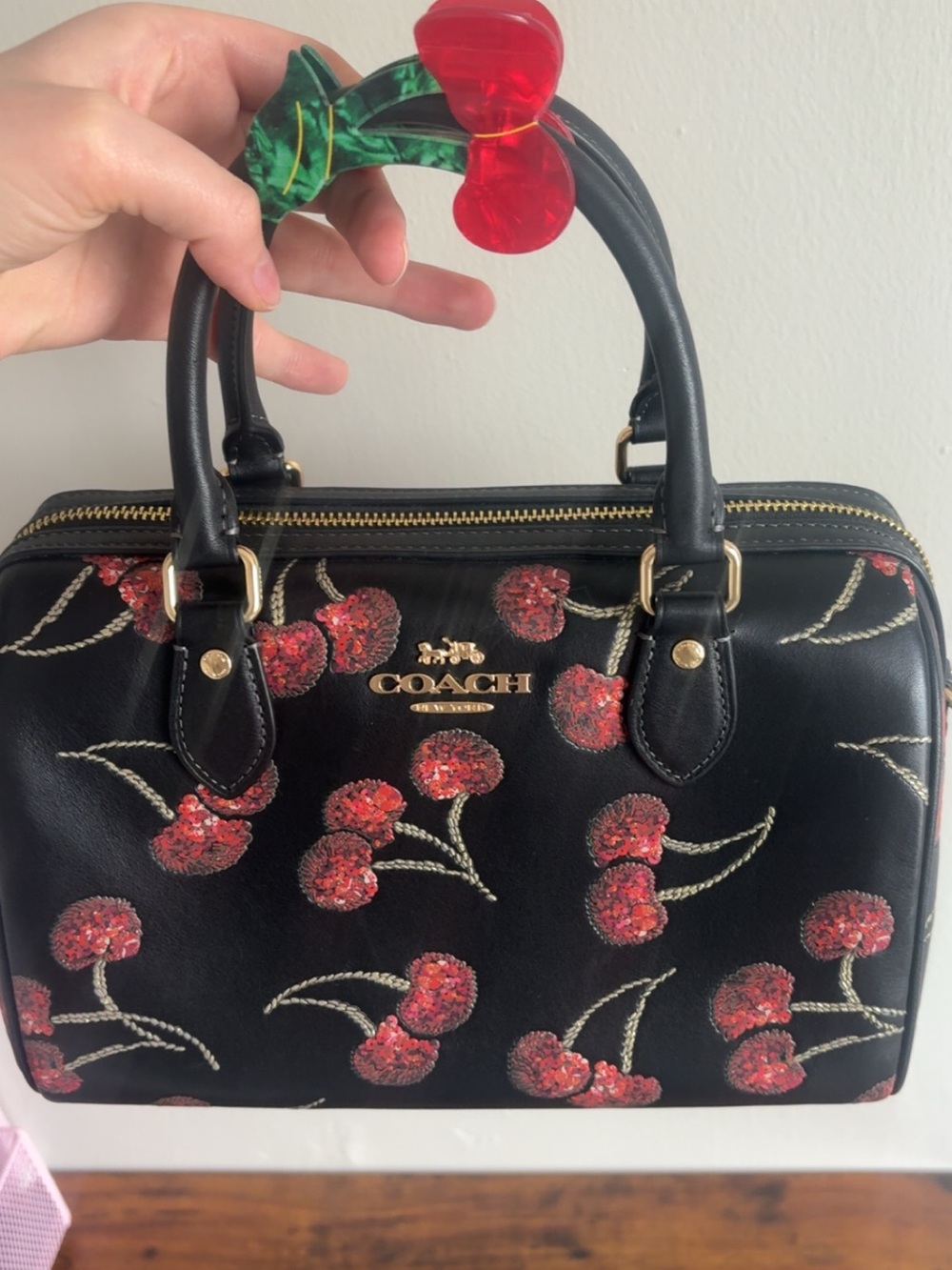 COACH Black Leather glitter Cherry Embroidered Rowan